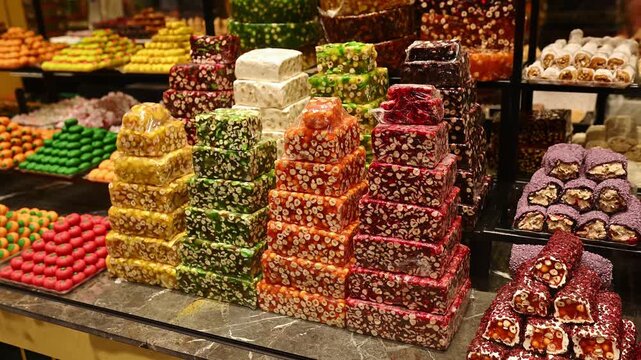 Glass display case with pastries, neatly arranged oriental sweets. Traditional Turkish sweets in pastry shop window, including baklava, pistachio desserts, other treats. Oriental street vending