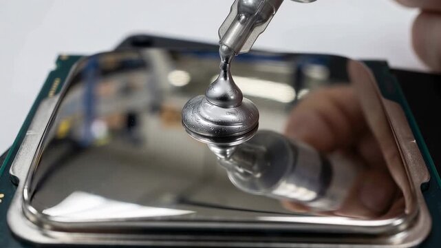 Technician applies thermal paste to a CPU surface using a syringe for optimal heat conductivity before installation.