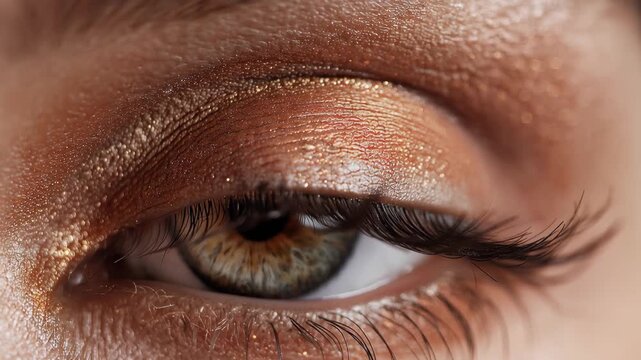 Close up of a beautiful female eye showcasing intricate details, vibrant colors, and striking eyelashes in a fashion-inspired setting