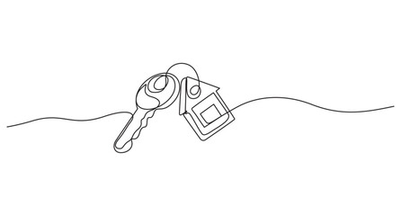 Obraz premium one line art drawing of a house with a key, Set of keys against white background, Continuous one line art drawing symbol of house keys, Real estate line icon vector design,