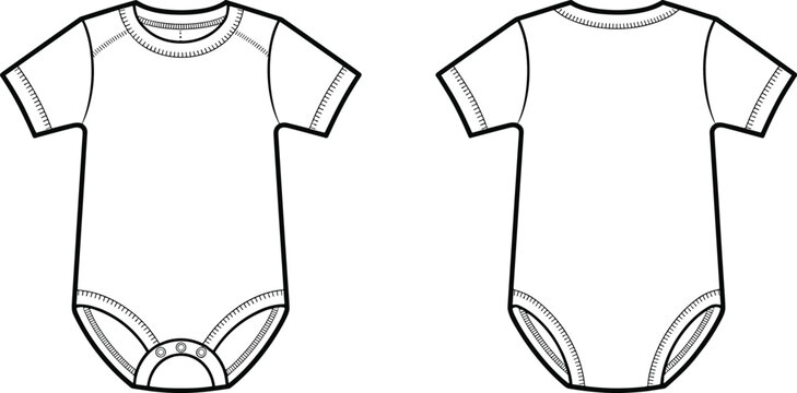 Baby bodysuit romper CAD drawing, flat vector technical illustration with front and back views isolated on white background
