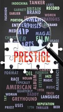 Prestige under magnifying glass, being researched, studied and examined. Most important subjects and ideas closely related to prestige written around a puzzle to symbolize complexity of prestige.