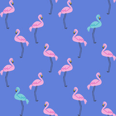 Tropical flamingo seamless pattern on blue background