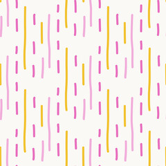 Seamless vector pattern featuring scattered vertical lines in pink and yellow on light background in modern tropical style.