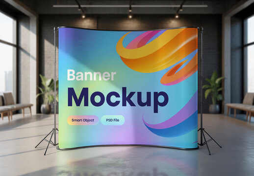 Large Curved Banner Mockup with Abstract Colorful Design in Modern Studio