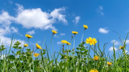 Bright Yellow Flowers in Green Grass Under a Blue Sky with White Clouds on a Sunny Day