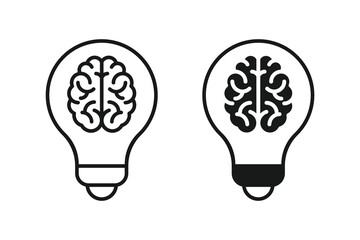 Brain inside lightbulb icon set. Glowing bulb brain creativity symbol icon. A bulb with a brain inside represents innovative thinking. Get idea vector icon design © Hunter Leader