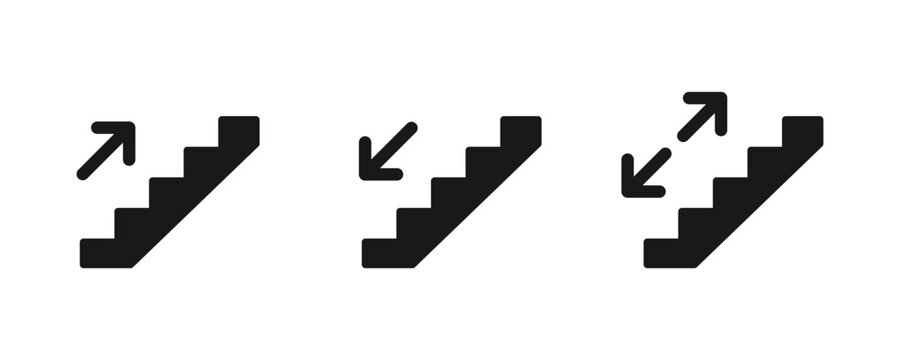 Stairs icon set. Stairs sign. Climb up and down stairs sign. Staircase icons with up and down directional arrows.