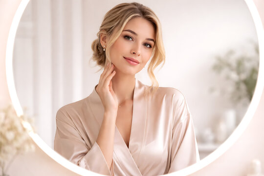 A woman gazing in mirror, touching her neck and looking serene and composed. She's wearing a silky robe with her hair in a bun. The light casts a glow on her face.