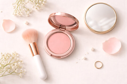 Cosmetic setup featuring makeup and a mirror, presented with floral accents and jewelry, ideal for beauty-related marketing