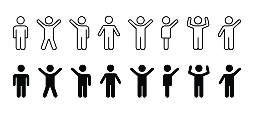Stick figure man icon. People waving their hands. Human silhouettes isolated, basic poses set. Vector illustration