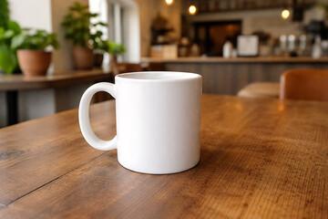 Fototapeta premium A simple white mug sits on a wooden table in a cafe, perfect for a cozy moment
