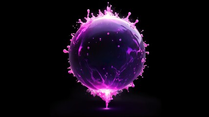 Abstract magical plasma sphere glowing in bright pink and violet tones, surrounded by shimmering liquid particles on a dark purple background.