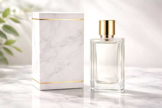 A perfume bottle next to its box, both elegantly designed. The minimalist aesthetic emphasizes the fragrance's essence and purity.