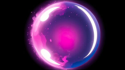 Abstract magical plasma sphere glowing in bright pink and violet tones, surrounded by shimmering liquid particles on a dark purple background.