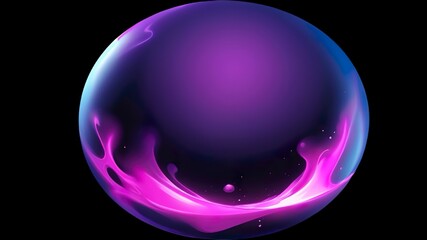 Abstract magical plasma sphere glowing in bright pink and violet tones, surrounded by shimmering liquid particles on a dark purple background.