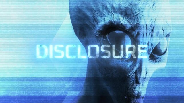 Disclosure Text Over Glitching footage of a Grey Alien Concept CGI Animation