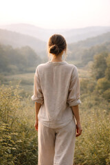 A serene moment of contemplation: A woman stands, gazing at the majestic landscape