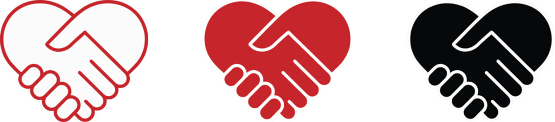 Obraz premium Handshake heart icon set featuring red and black outlines and solid designs for charity donation love partnership unity friendship and community support.