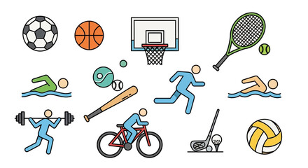 Collection of various sports equipment and activity icons in a flat line art style on a white background.