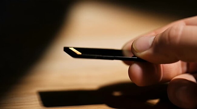 Hand holding a small black object with a sharp tip.