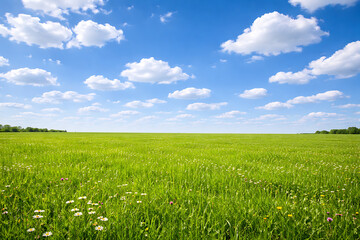 Obraz premium A picturesque expanse of green field under a clear blue sky dotted with fluffy clouds. A sense of tranquility and open space is evoked. 