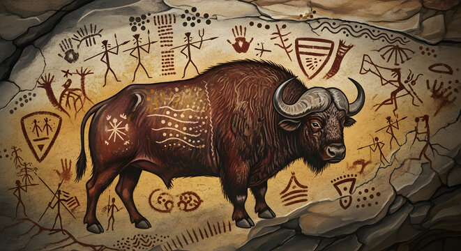 Primitive rock art depicting a large buffalo surrounded by tribal human figures and symbols