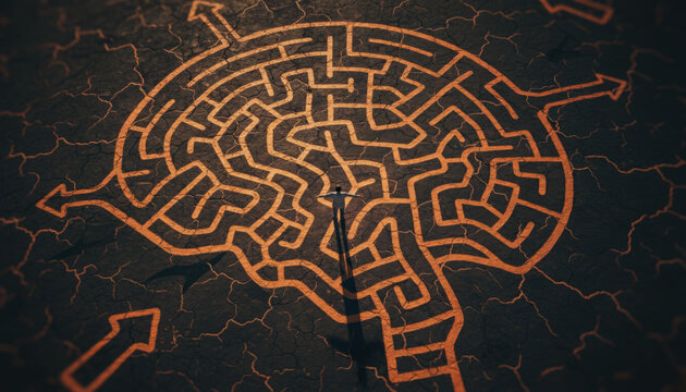 Person standing in large maze representing life choices, decisions and uncertainty. Conceptual symbolic image with bold colors and dramatic perspective.