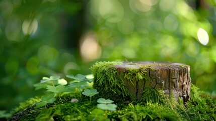 Obraz premium Moss-covered tree stump surrounded by lush greenery and soft bokeh, evoking tranquility in a natural forest setting
