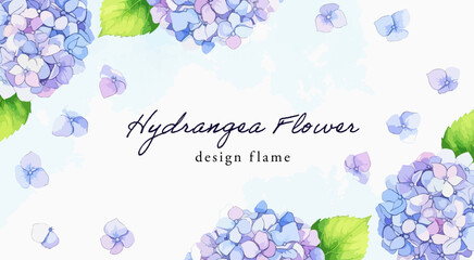 紫陽花の水彩フレーム背景｜ブルーとパープルのあじさいを配置した初夏・梅雨のボタニカルデザイン素材