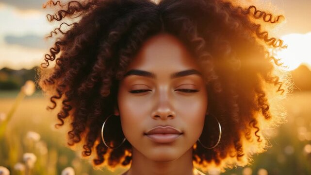 Natural Beauty Portrait &ndash; Curly-Haired Woman in Golden Wheat Field for Lifestyle, Wellness, and Empowerment Content
