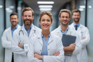 Fototapeta premium Smiling female doctor in a white coat stands arms crossed in a hospital corridor, with a team of doctors blurred behind her; confident healthcare leadership concept.