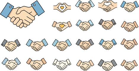 A collection of diverse handshake illustrations and hands forming heart shapes, symbolizing agreement, partnership, and unity.