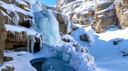 Ice-Covered Waterfall Surrounded by Snow-Capped Rocks in a Scenic Winter Landscape