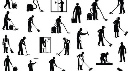 Naklejka premium Cleaning Staff Working Poses Silhouette Collection Illustration