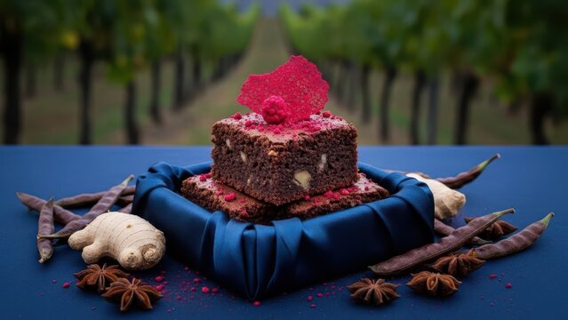Rich dark chocolate brownie square topped with a vibrant red edible decoration, presented on a blue cloth surrounded by star anise, ginger root, and dried seed pods, set against a vineyard backdrop