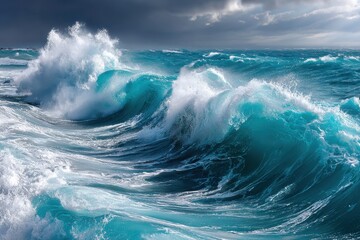 Obraz premium Crashing Ocean Waves Under a Stormy Sky