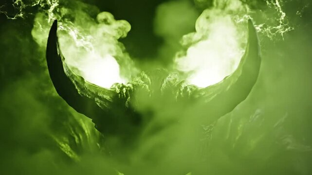 Horned dark creature with glowing green eyes and smoke in mysterious dark setting