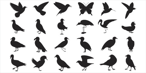 Fototapeta premium Assortment of Black Bird and Butterfly Silhouettes on White Background Keywords: bird, butterfly, silhouette, animal, wildlife