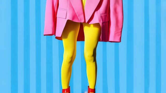 Bold fashion photo of colorful tights, heels and oversized blazer. Vibrant color blocking and modern editorial style.