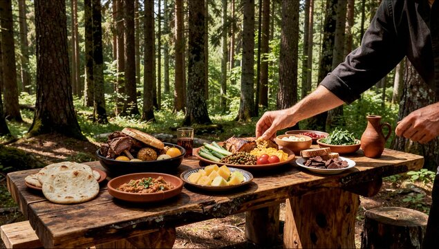 A rustic wooden table in a dense forest is spread with a variety of traditional hearty dishes including meats, bread, and vegetables.