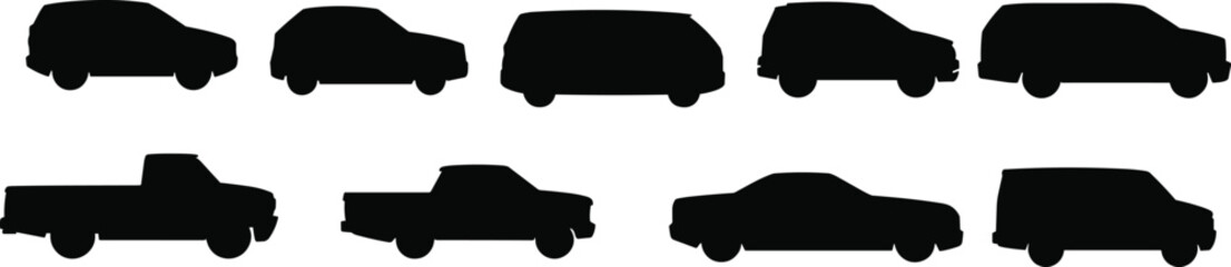 Collection of car and pickup truck silhouette icons isolated on white background, vector illustration set of sedan, SUV, van, and transport vehicle profiles © Mst Jotsna