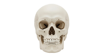 A detailed plastic human skull model with realistic features and texture on white isolated on transparent background