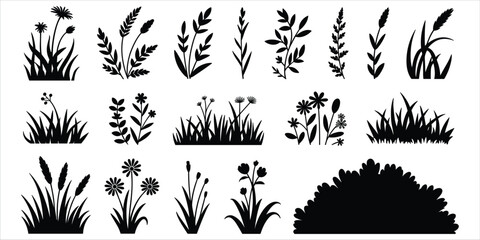 Black silhouettes of various plants and grasses on a white background flower leaf