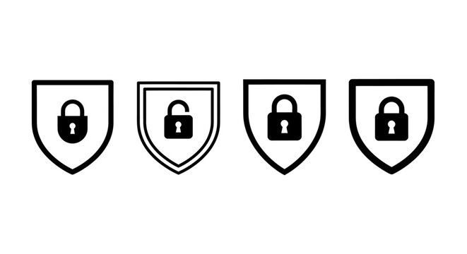 Four Security Shields with Locks Icon Set in Minimalist Style.
