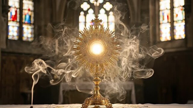 Golden Monstrance with Glowing Eucharist and Incense Smoke