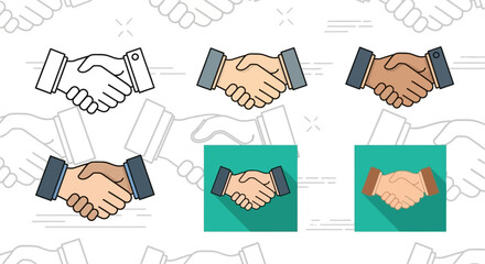 A collection of handshake icons in various styles and skin tones, representing agreement and partnership.