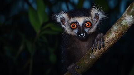 Fototapeta premium Lemur with wide orange eyes clinging to a branch in dark jungle night.