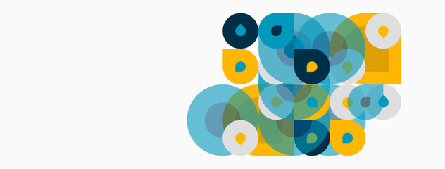Fototapeta premium Abstract composition featuring overlapping circles, squares. Colors include blue, yellow, green, gray. Minimalist design, clean aesthetic.