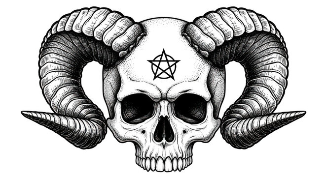 A black and white illustration of a skull with ram horns and a pentagram on its forehead isolated on transparent background